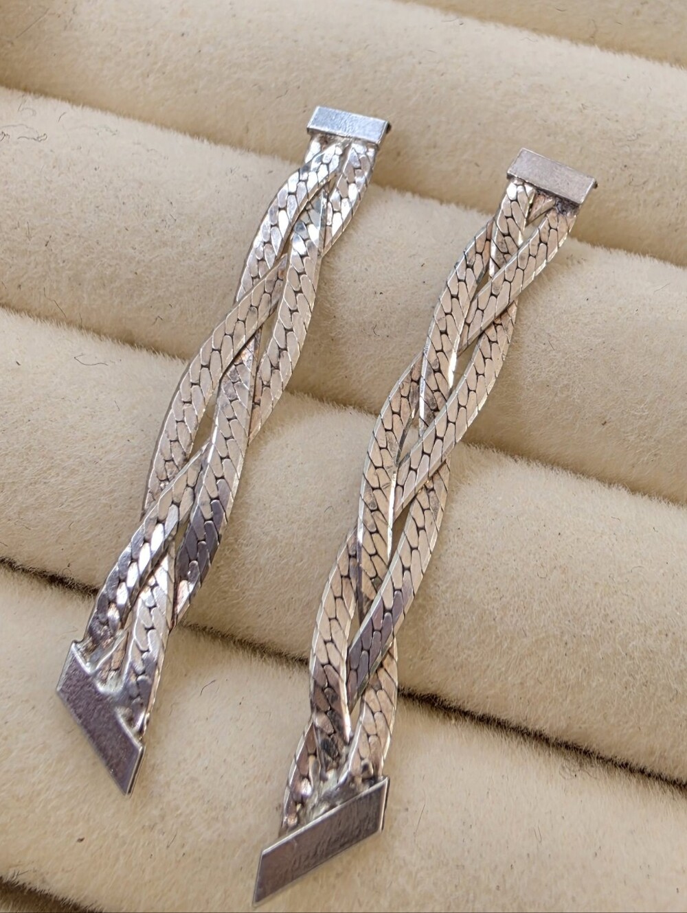 Silver Braided Herringbone Twist Drop Earrings โข Acid Tested โข 1.85g